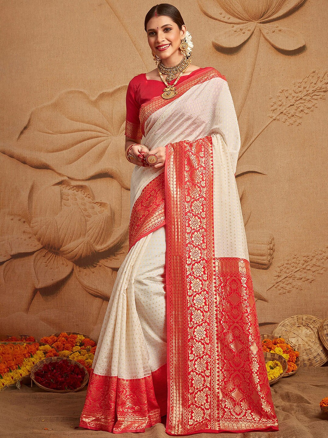 

ODETTE Off White And Red Woven Design Zari Saree