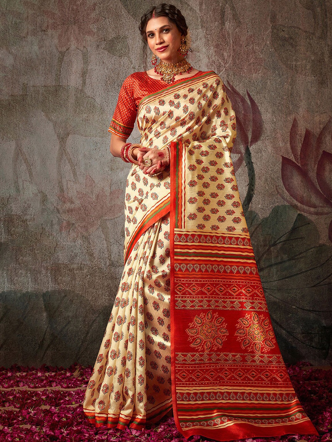 

ODETTE Beige & Red Floral Silk Blend Saree