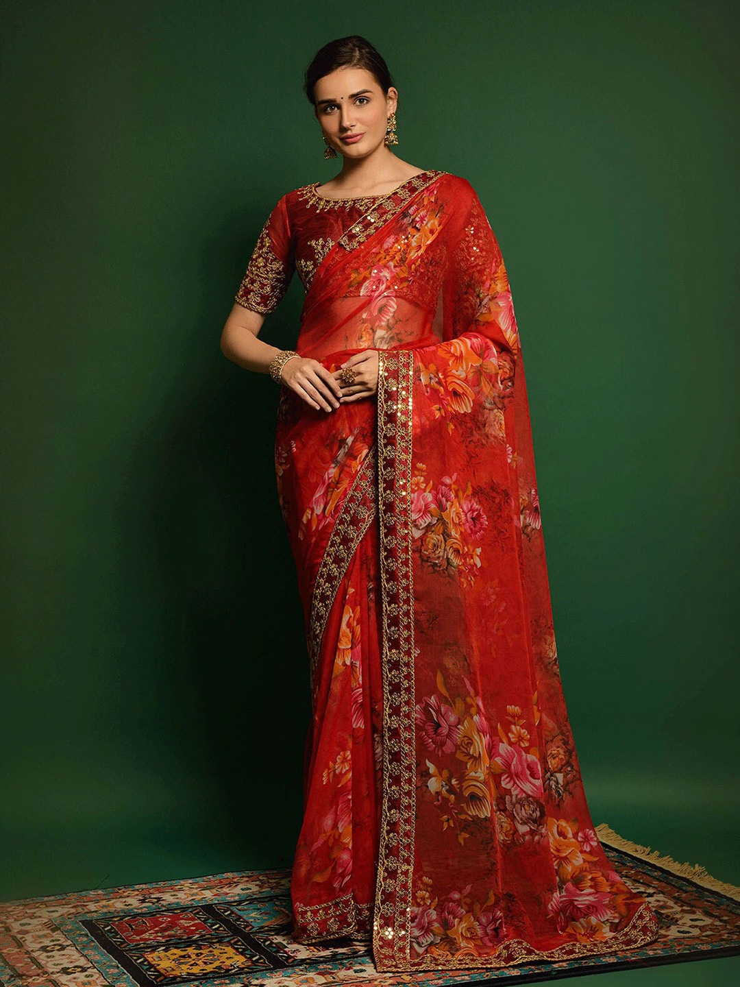 

ODETTE Orange & Pink Floral Printed Georgette Saree