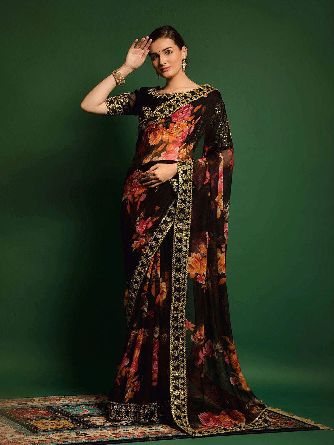 

ODETTE Black & Gold-Toned Floral Printed Saree