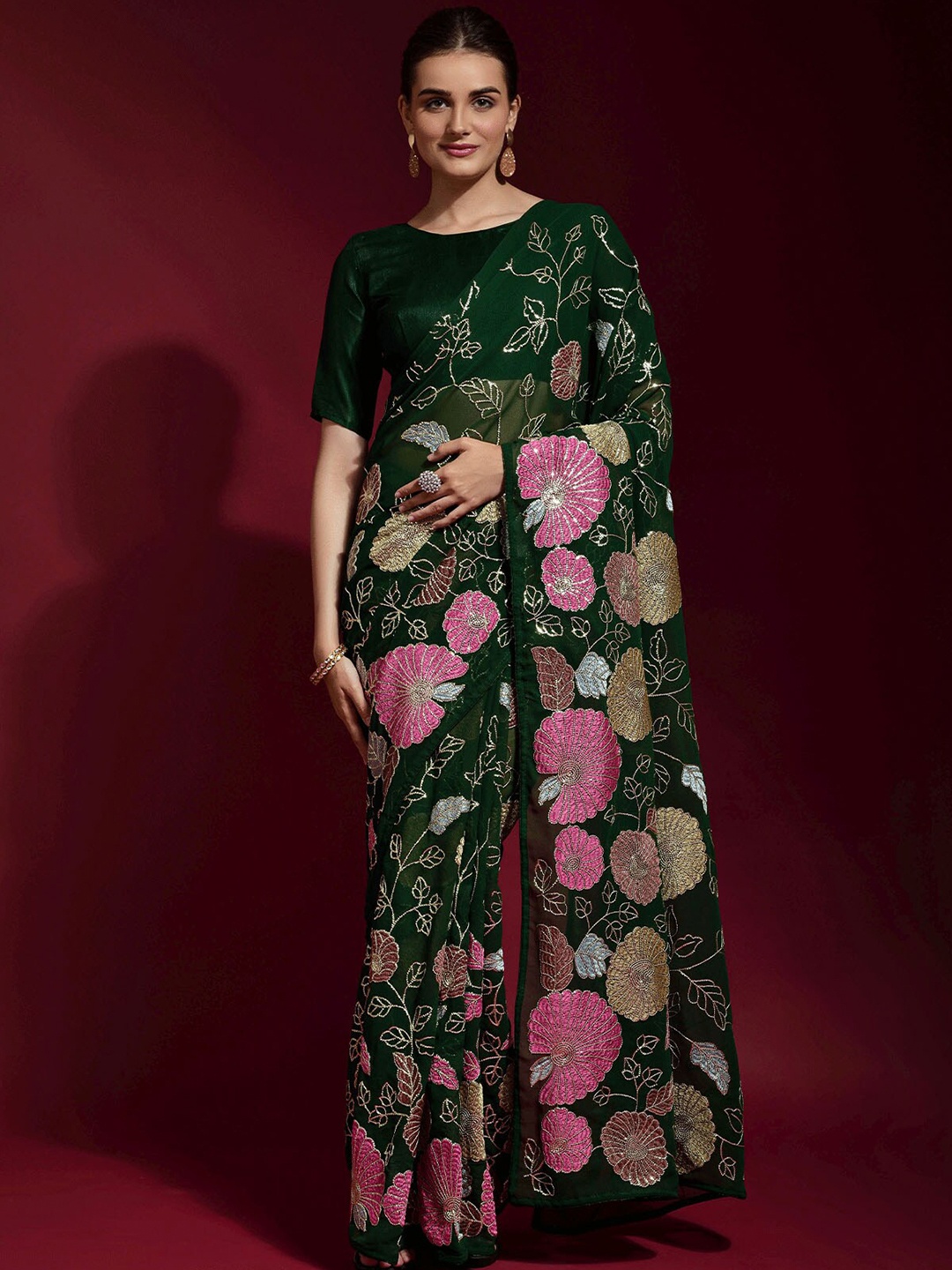 

ODETTE Green & Pink Floral Embroidered Silk Blend Saree