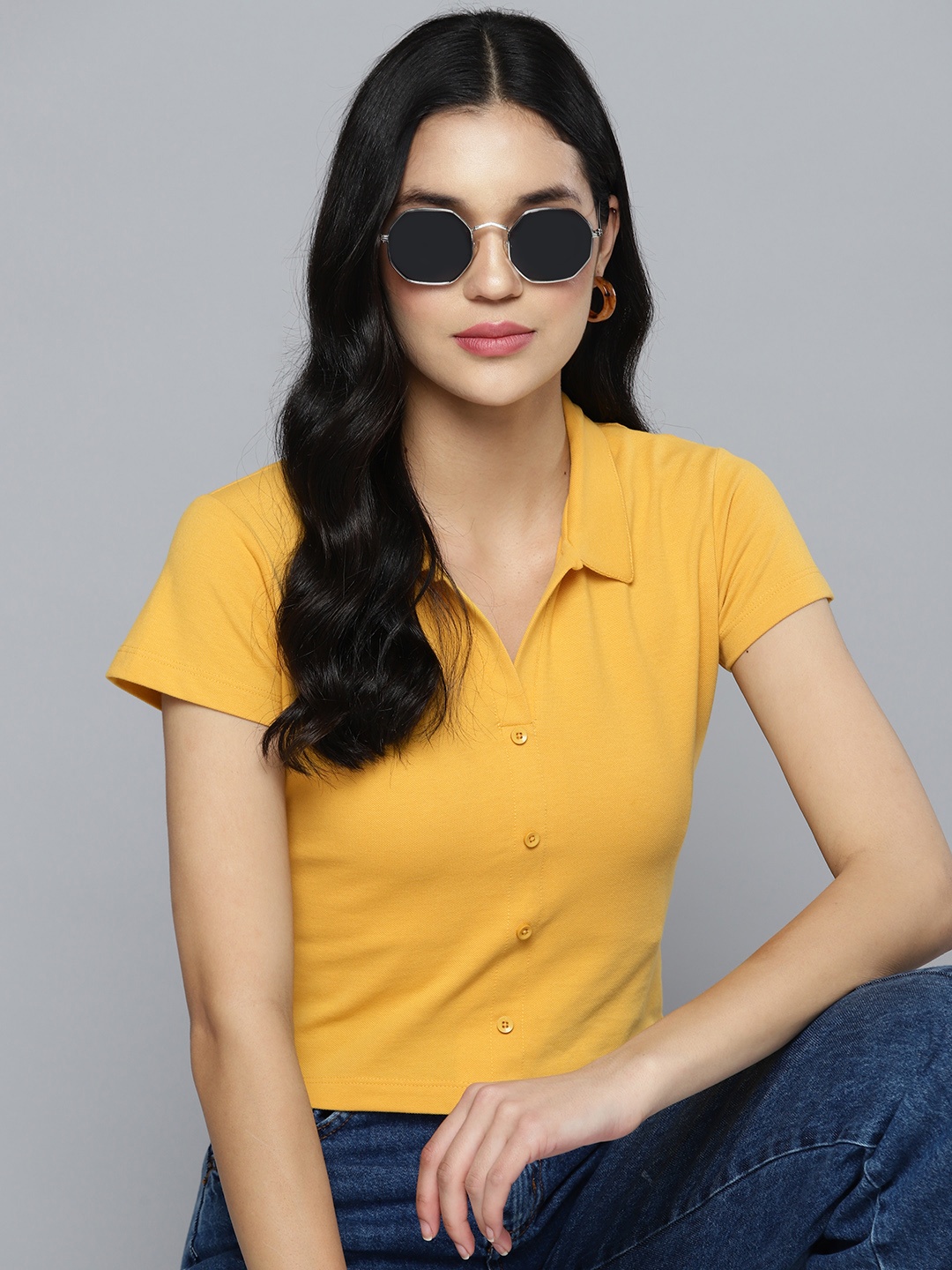 

HERE&NOW Women Polo Collar T-shirt, Mustard