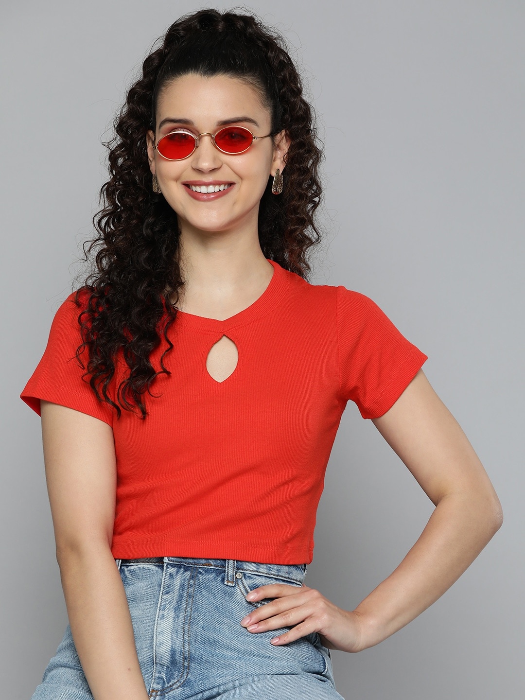 

HERE&NOW Ribbed Keyhole Neck Fitted Crop Top, Red