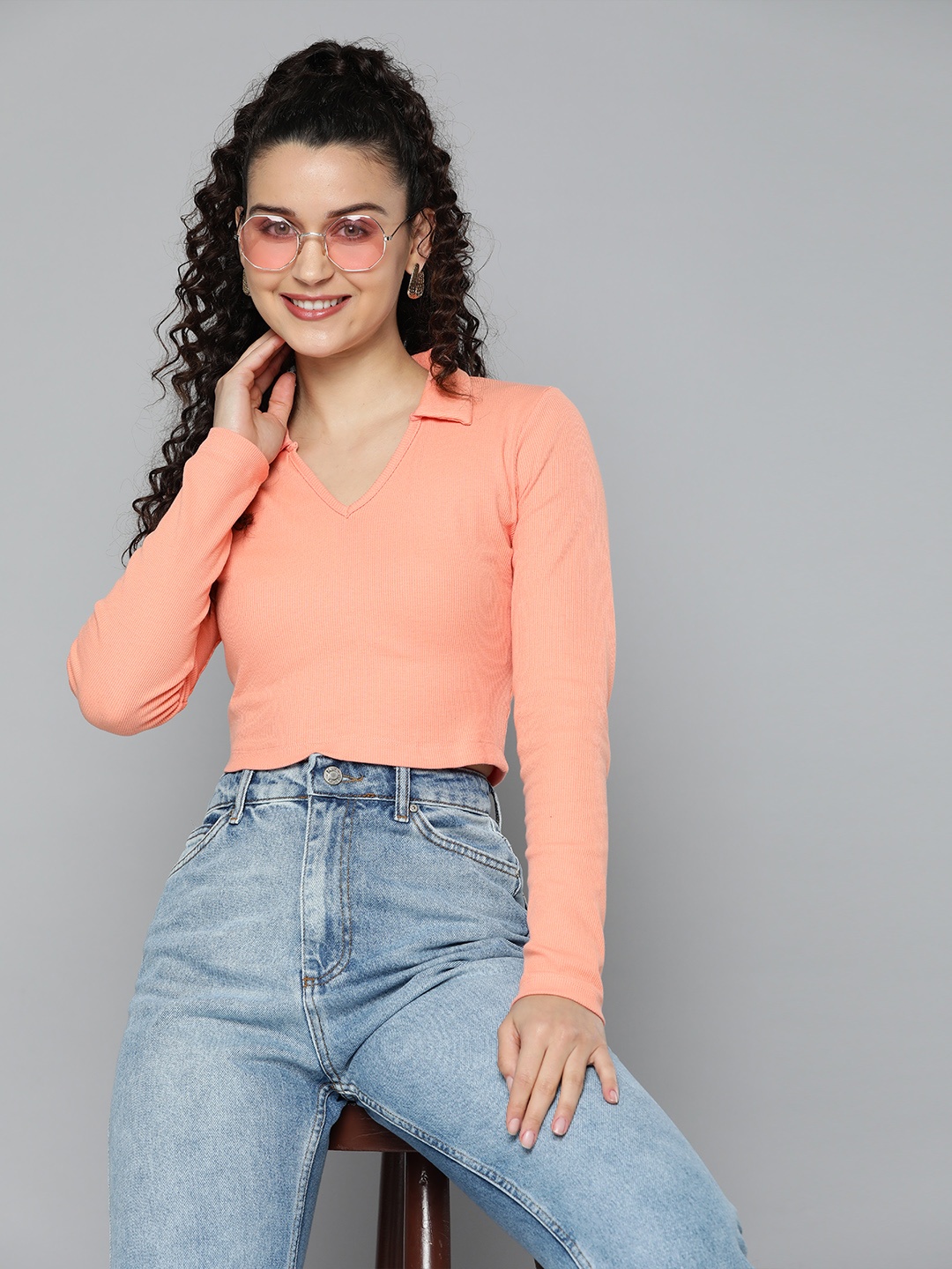 

HERE&NOW Ribbed Shirt Collar Fitted Crop Top, Coral