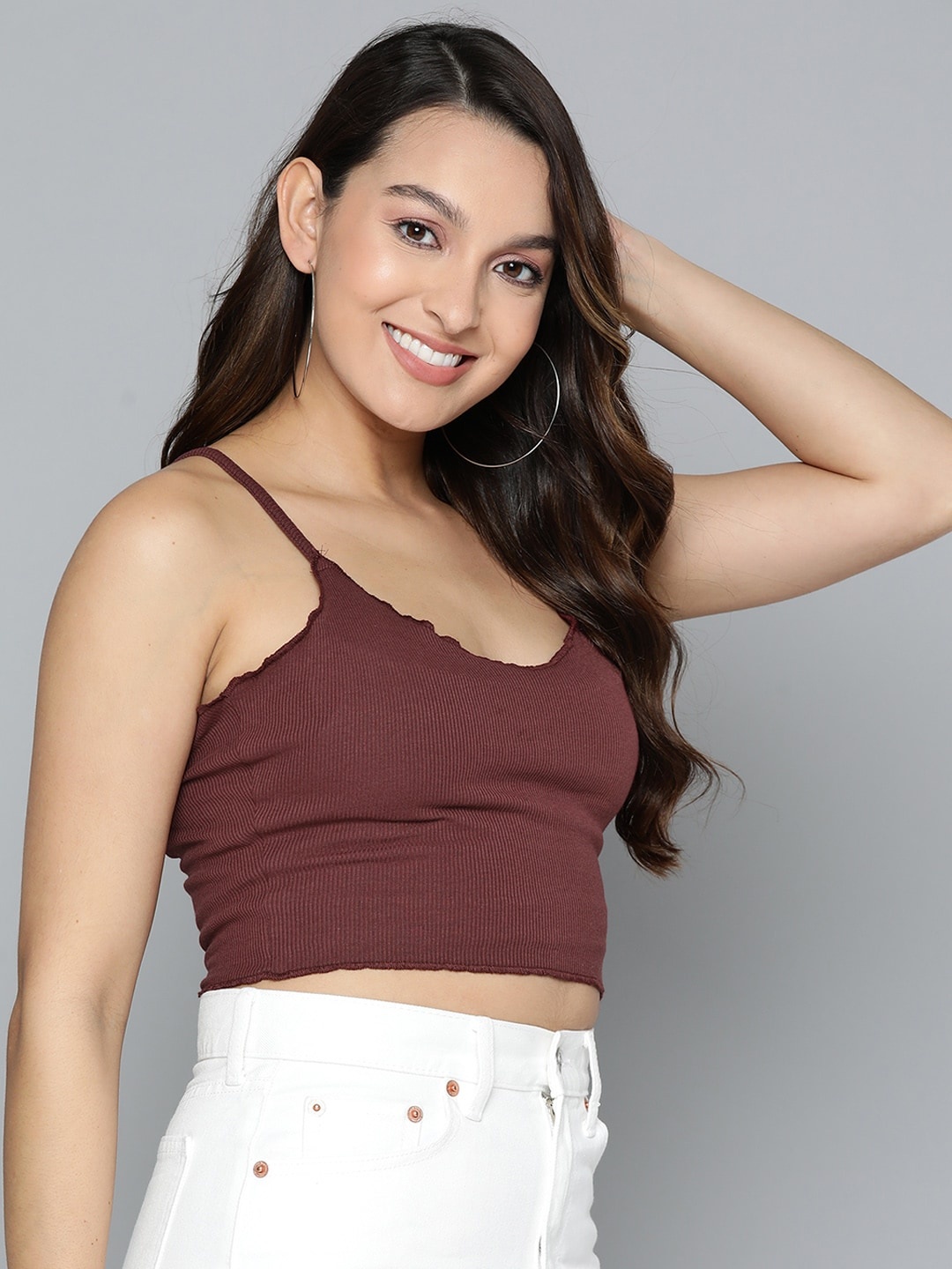 

HERE&NOW Lettuce Edge Fitted Crop Top, Brown