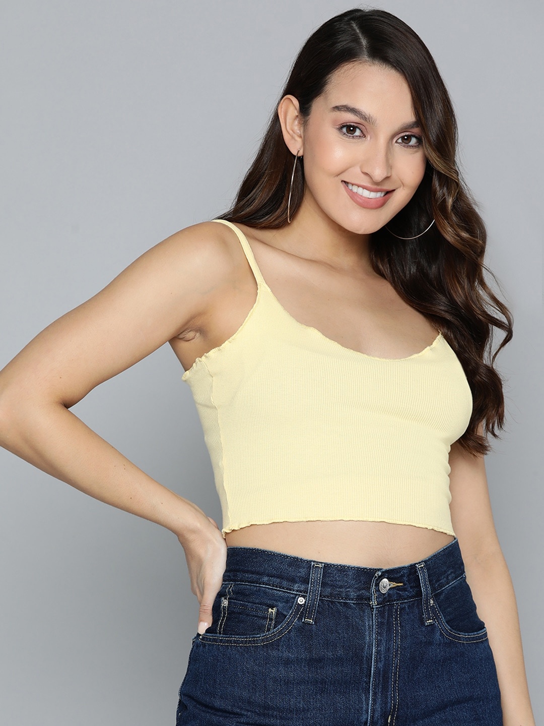 

HERE&NOW Lettuce Edge Fitted Crop Top, Yellow
