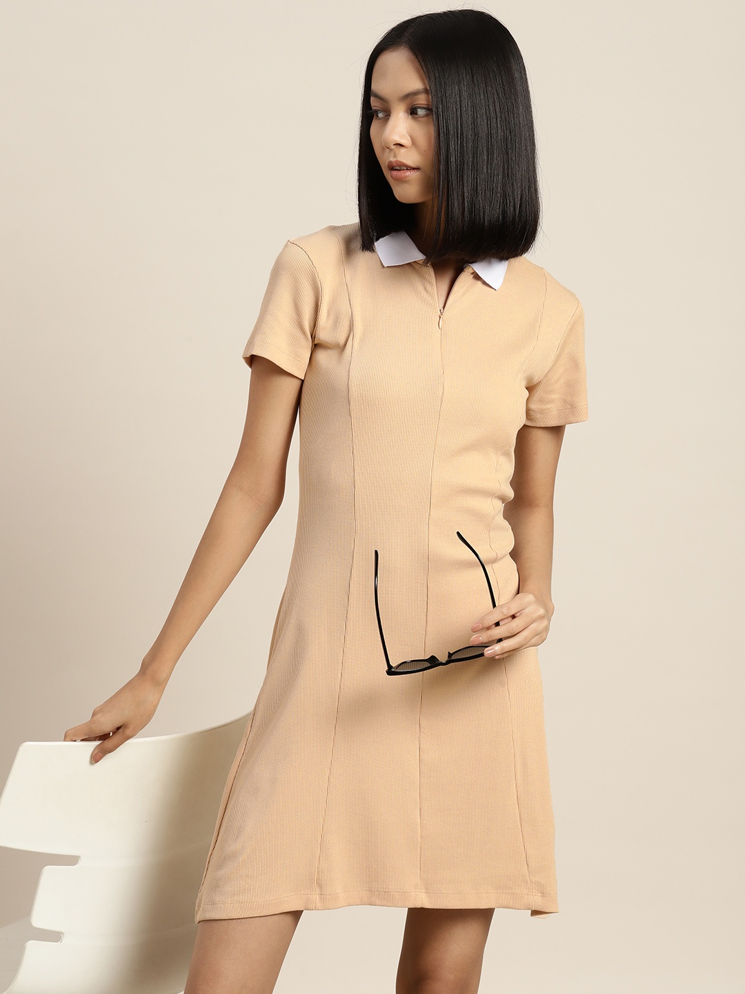 

Moda Rapido Ribbed A-Line Dress, Beige