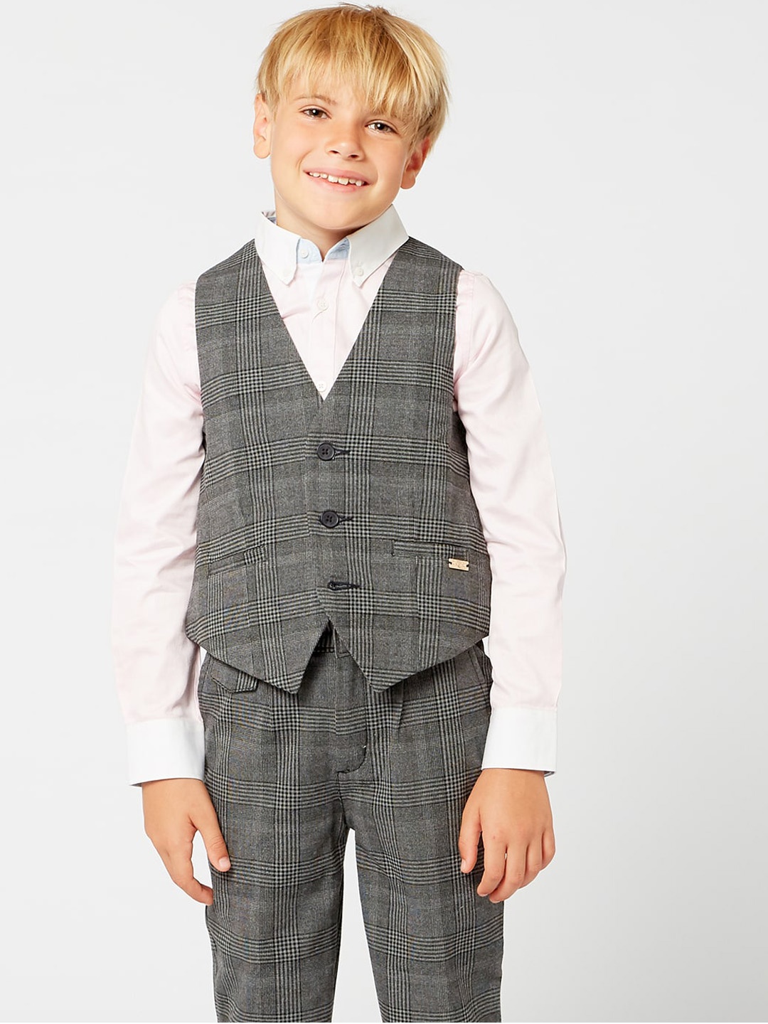 

One Friday Boys Grey Checked Waistcoat