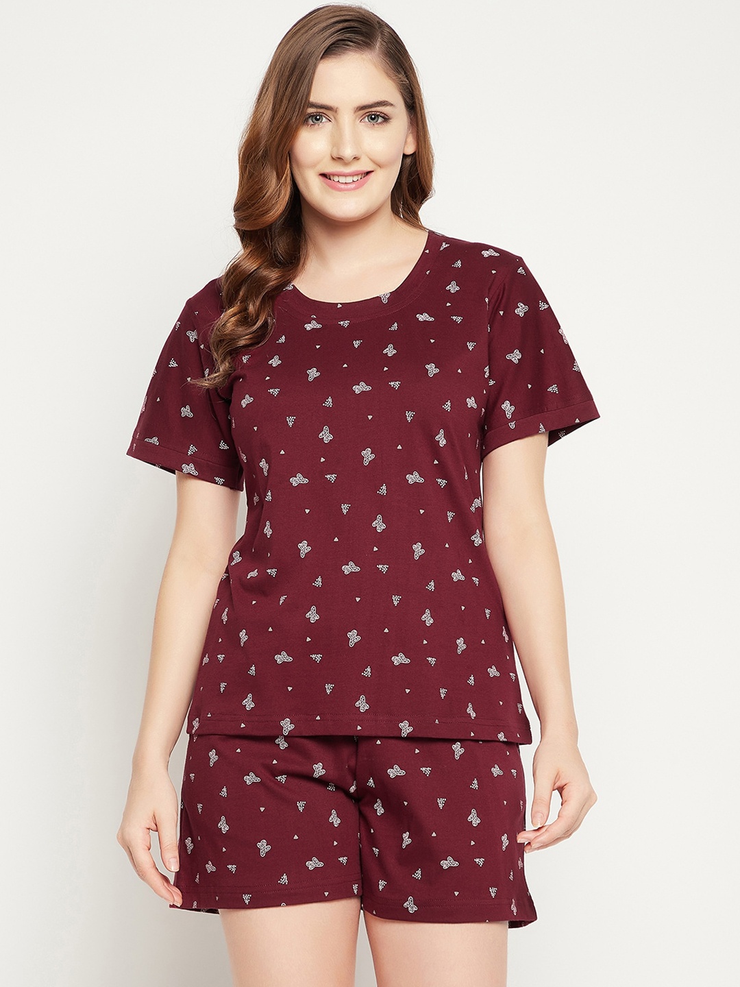 

Clovia Printed Top & Shorts Set, Maroon