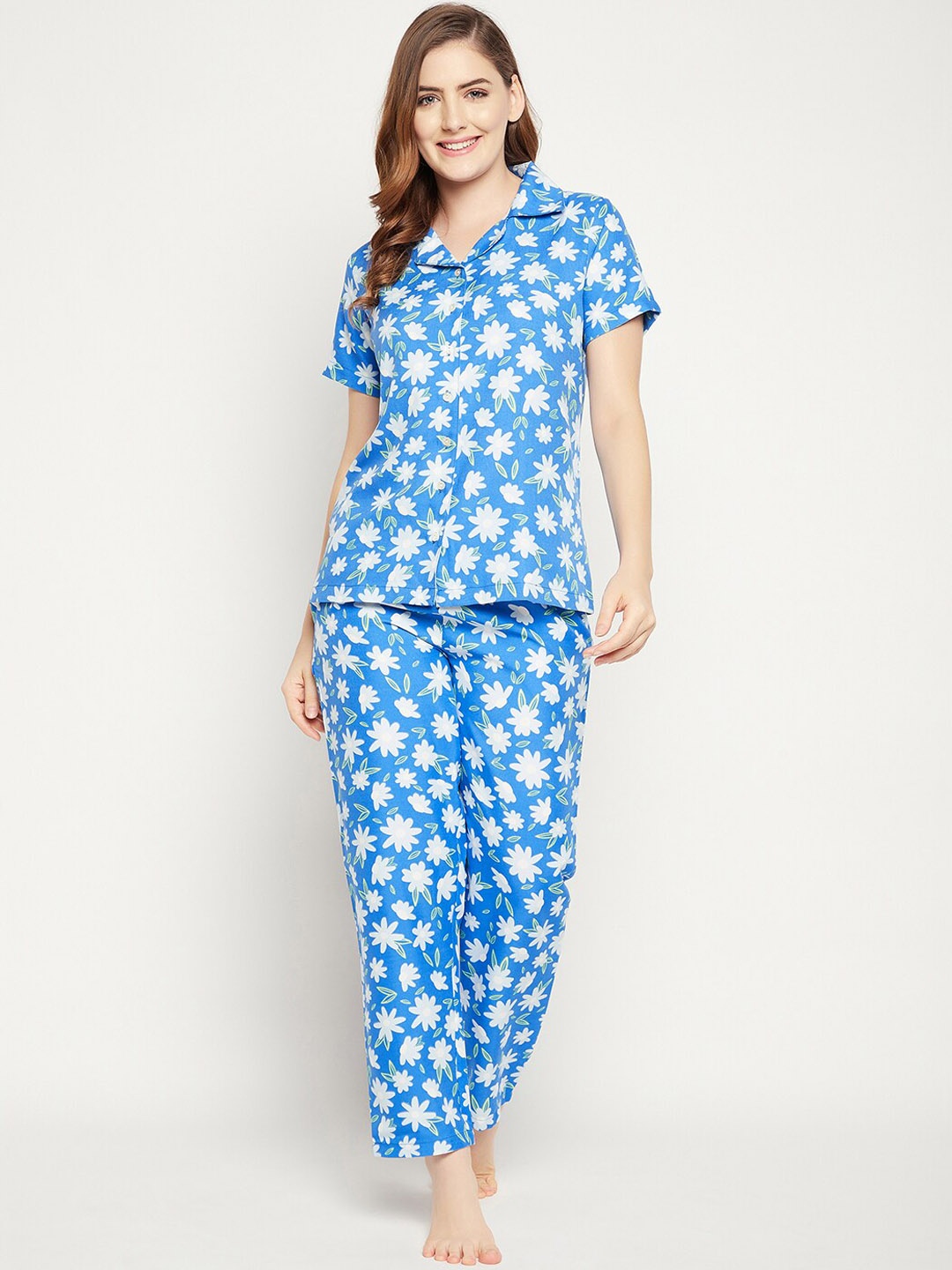 

Clovia Women Pretty Florals Printed Button Down Shirt & Pyjama Se, Blue