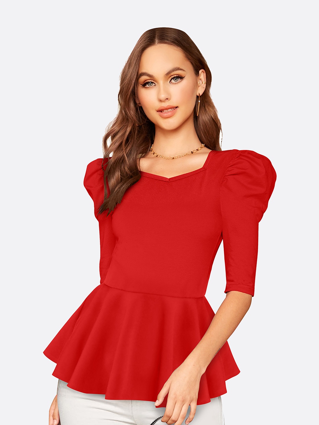 

FAVRIZ Women Red Solid Sweetheart Neck Peplum Top