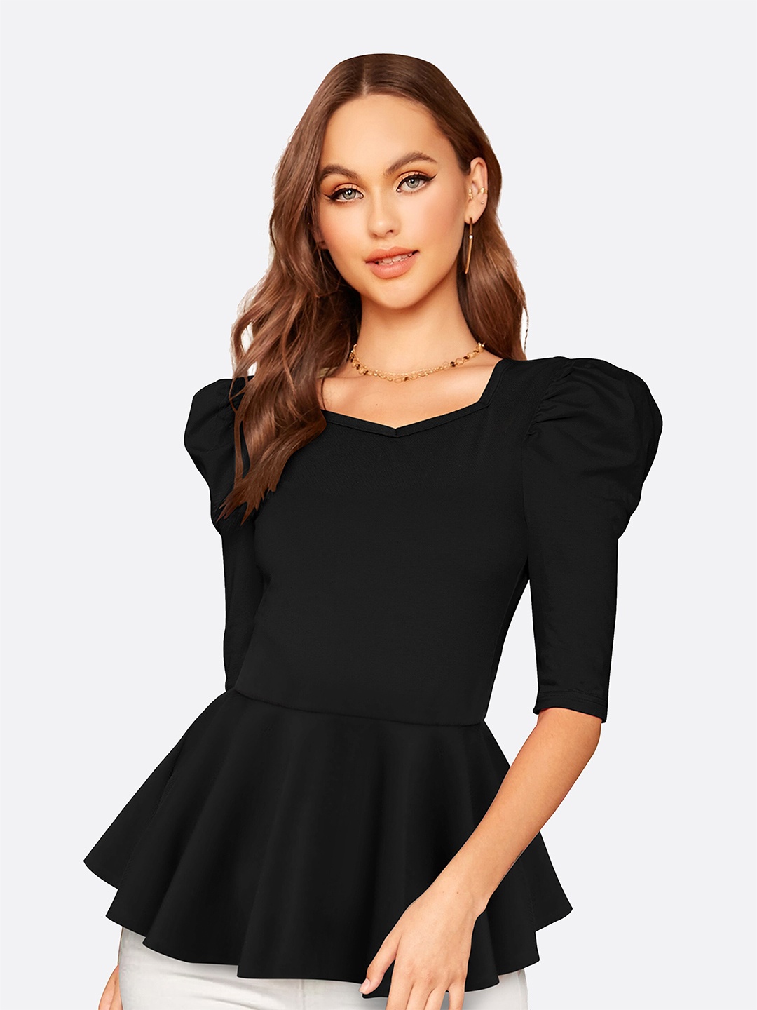 

FAVRIZ Women Black Sweetheart Neck Peplum Top