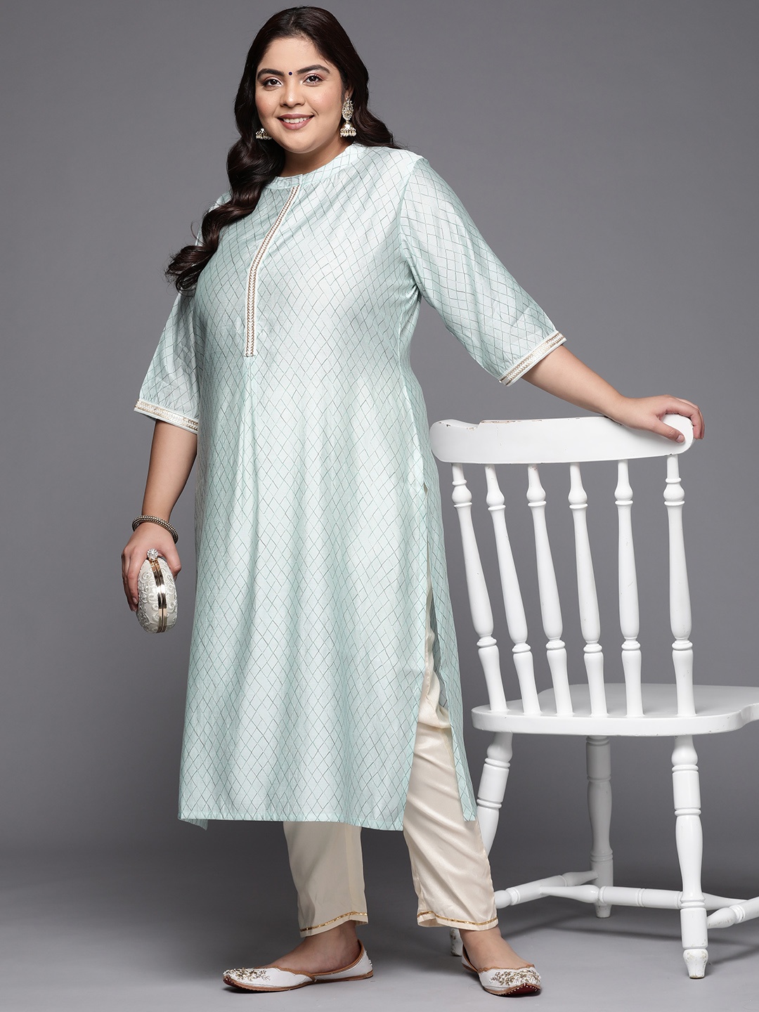 

EXTRA LOVE BY LIBAS Women Sea Green Geometric Printed Plus Size Kurta