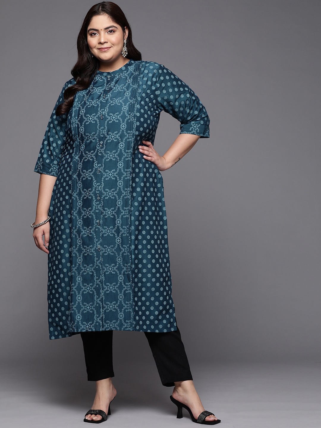 

EXTRA LOVE BY LIBAS Women Plus Size Teal Blue Ethnic Motifs Printed Kurta
