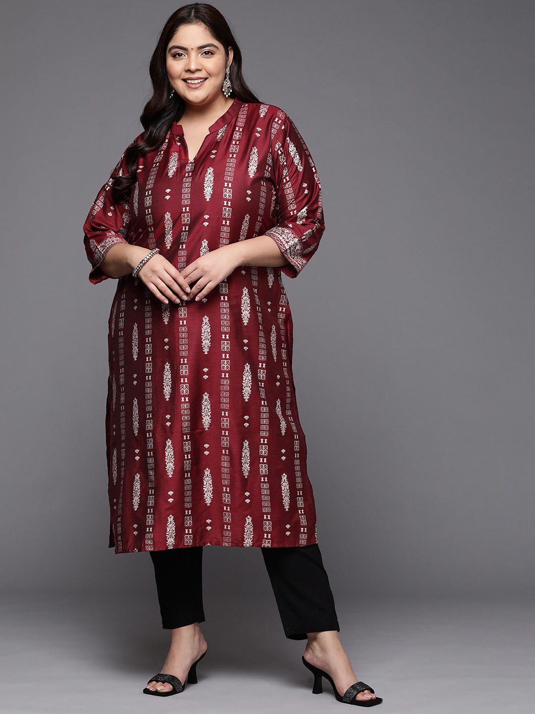 

EXTRA LOVE BY LIBAS Women Plus Size Maroon & Beige Ethnic Motifs Printed Kurta