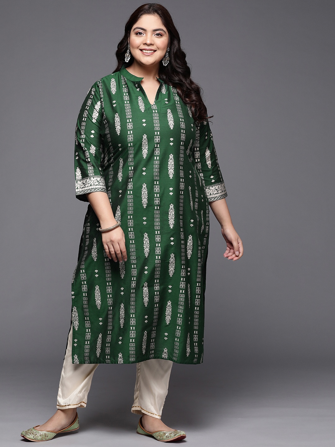 

EXTRA LOVE BY LIBAS Women Plus Size Green & Beige Ethnic Motifs Printed Kurta