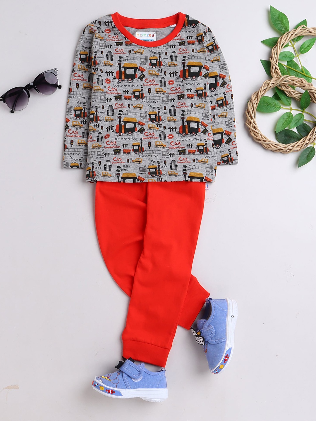 

BUMZEE Boys Red & Grey Full Sleeves T-Shirt And Pajama Set