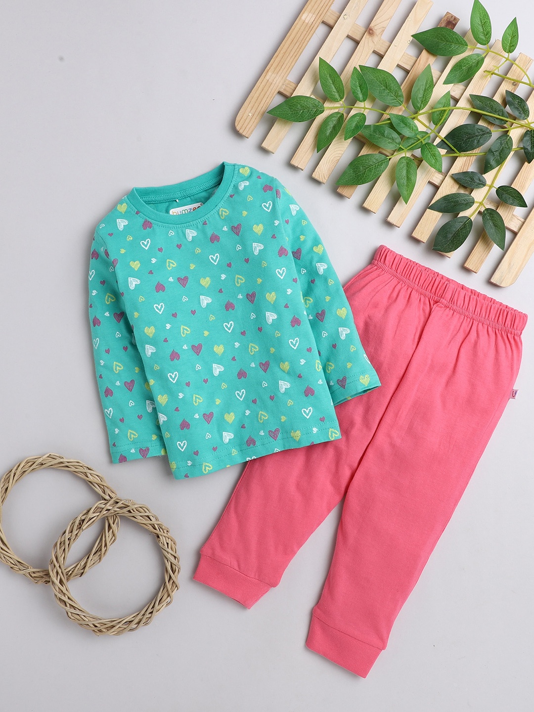 

BUMZEE Girls Pink & Blue Printed Night suit
