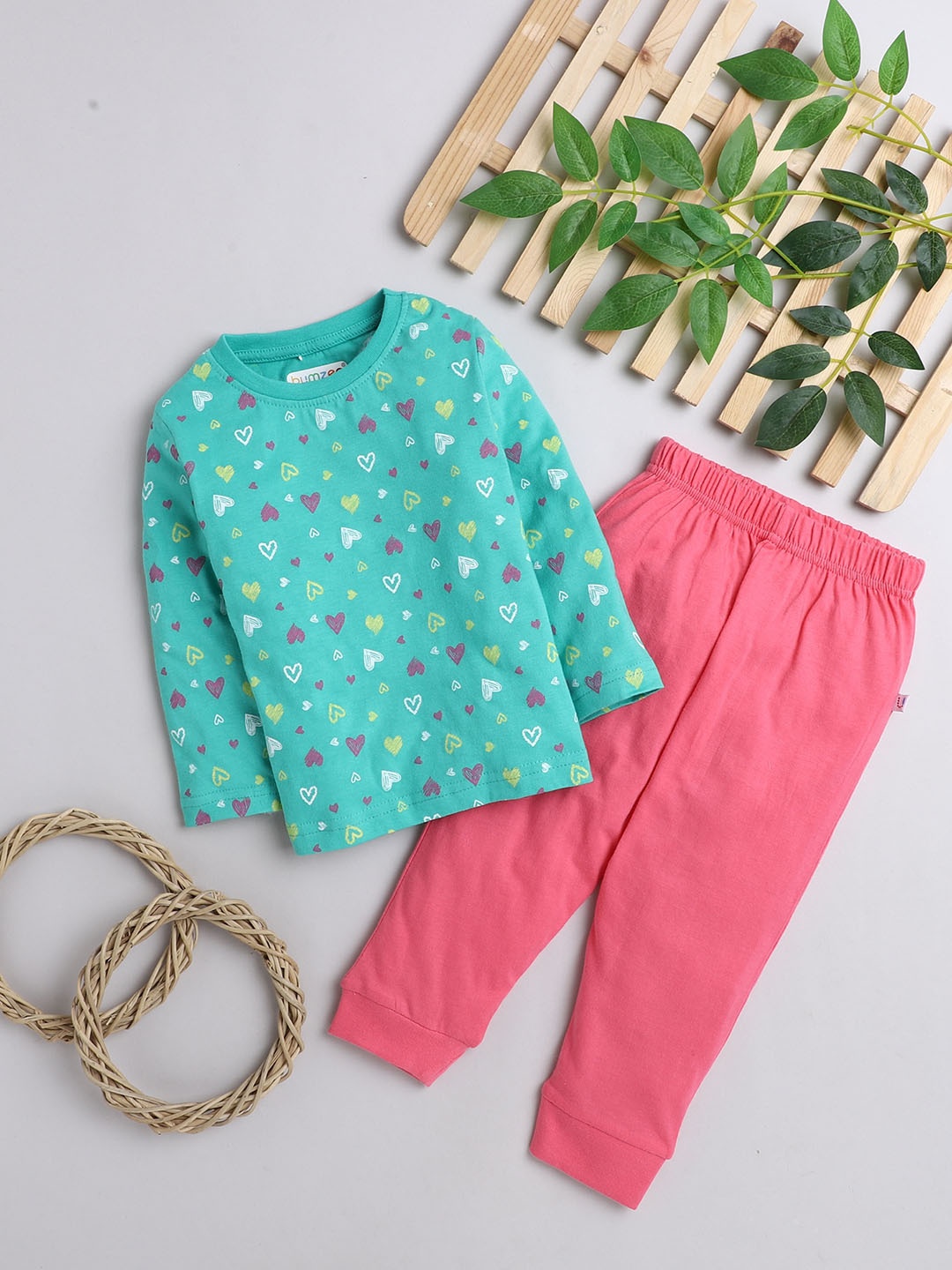 

BUMZEE Girls Pink & Off White Printed Night suit