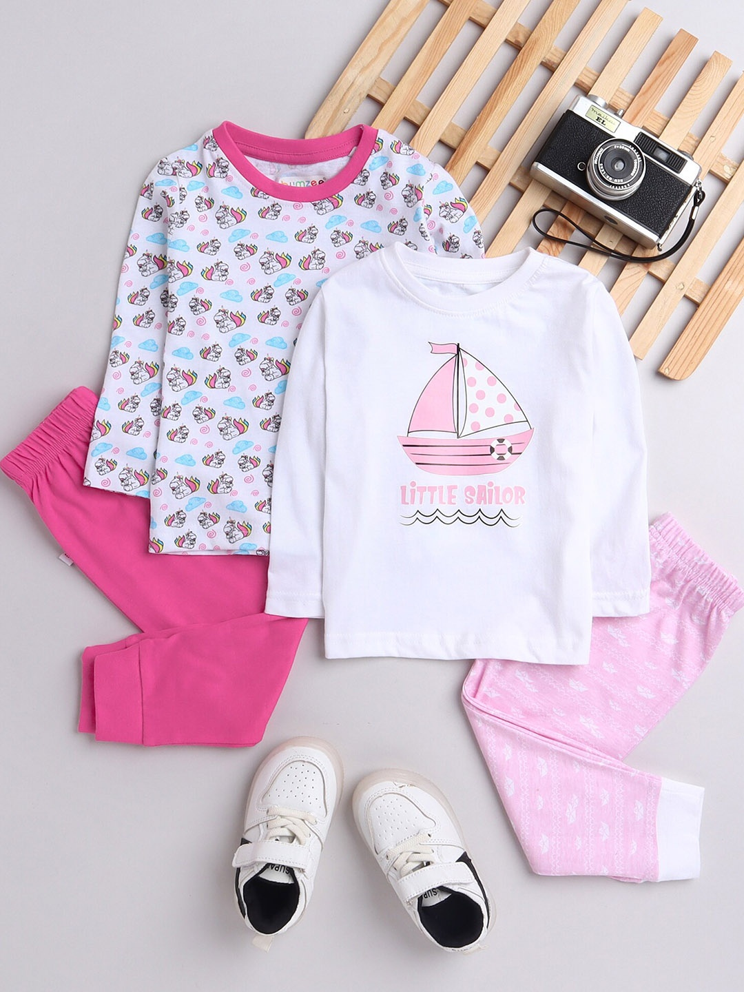 

BUMZEE Pack Of 2 Girls Pink & Off White Printed Night suit