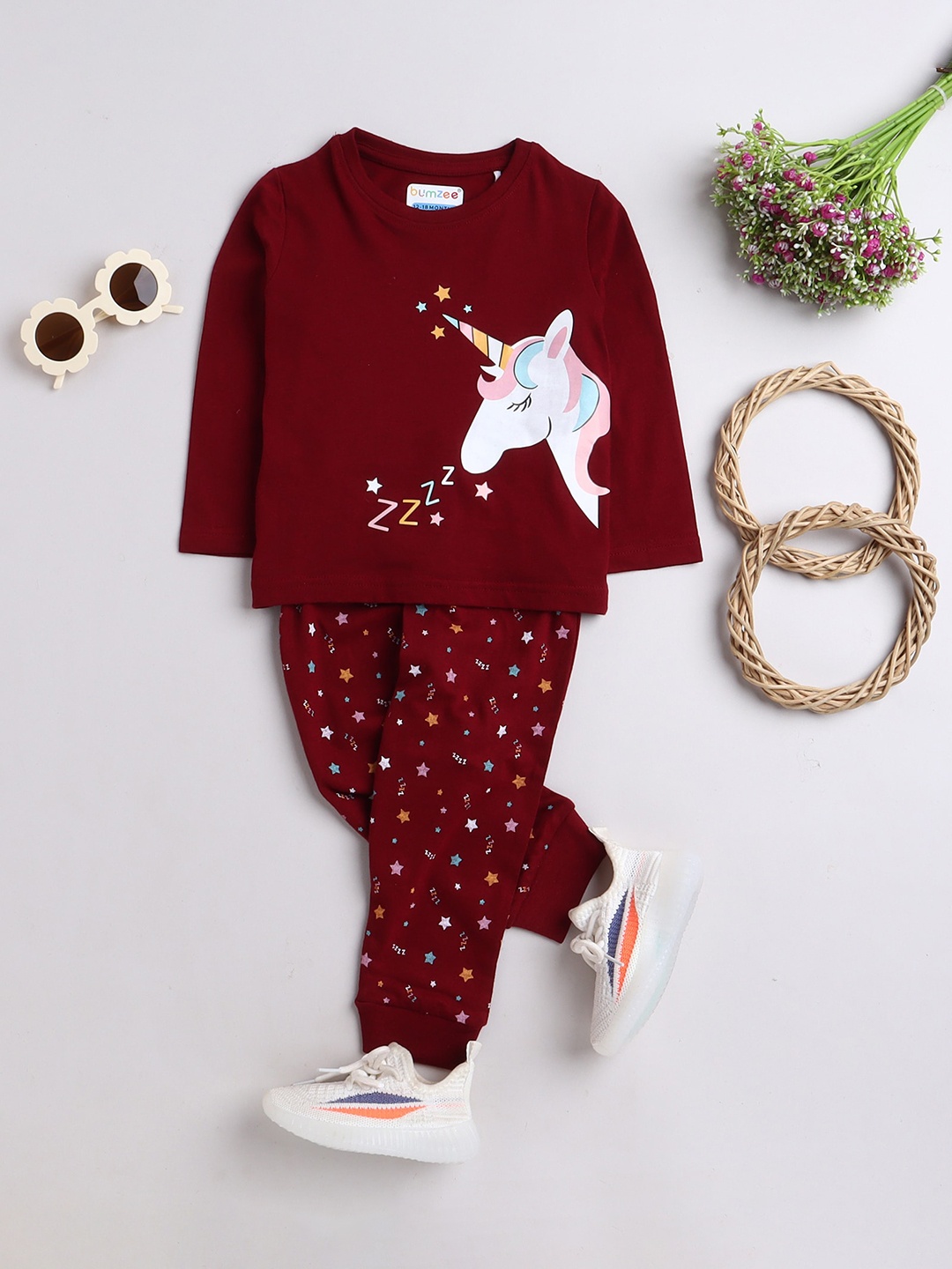 

BUMZEE Girls Printed Pure Cotton Night suit, Maroon