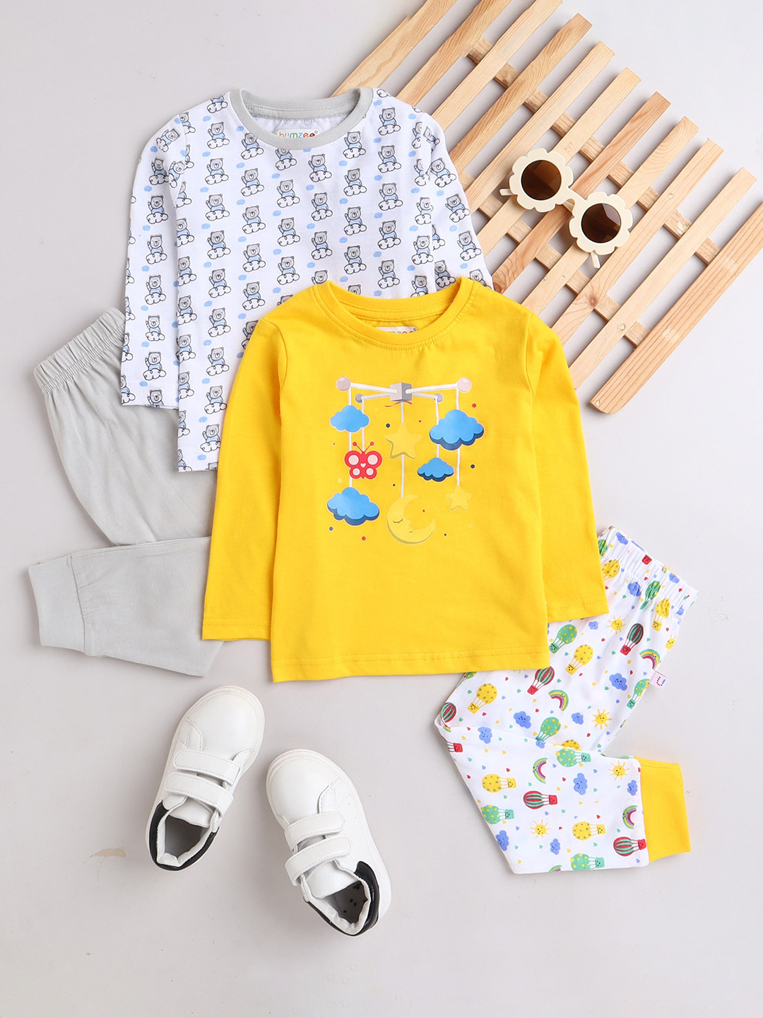 

BUMZEE Pack Of 2 Boys Yellow & White Printed Night suit