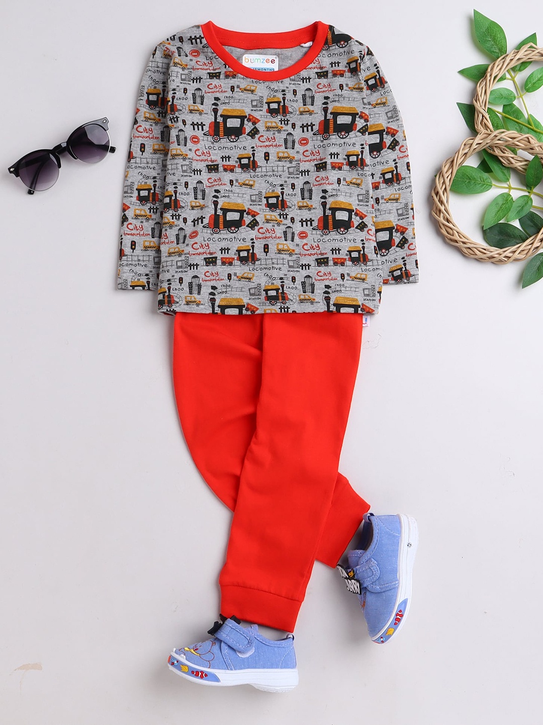 

BUMZEE Boys Red & Grey Printed Night suit