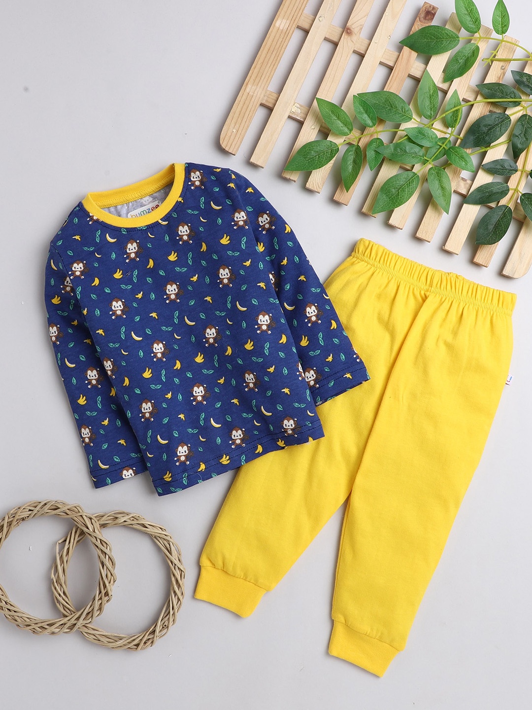 

BUMZEE Boys Yellow & Blue Full Sleeves T-Shirt And Pajama Set