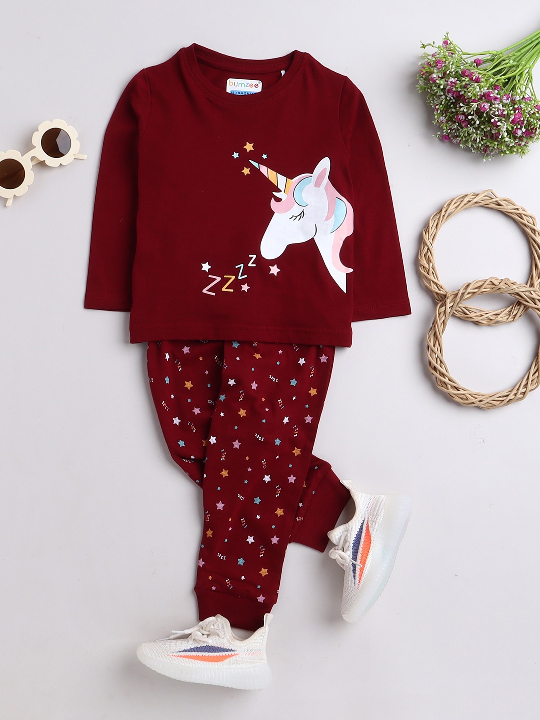 

BUMZEE Girls Maroon & Off White Printed Night suit