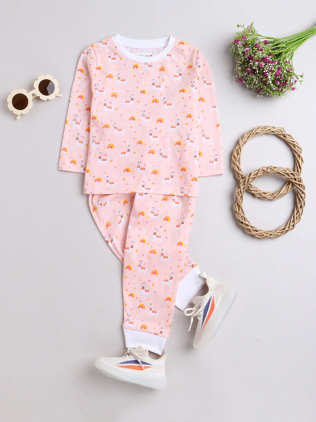 

BUMZEE Girls Pink & Yellow Printed Night suit