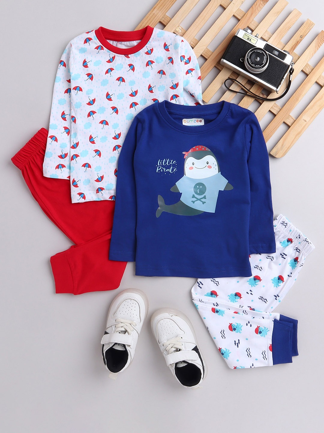 

BUMZEE Set of 2 Boys Red & Blue Full Sleeves T-Shirt And Pajama Night suit Set