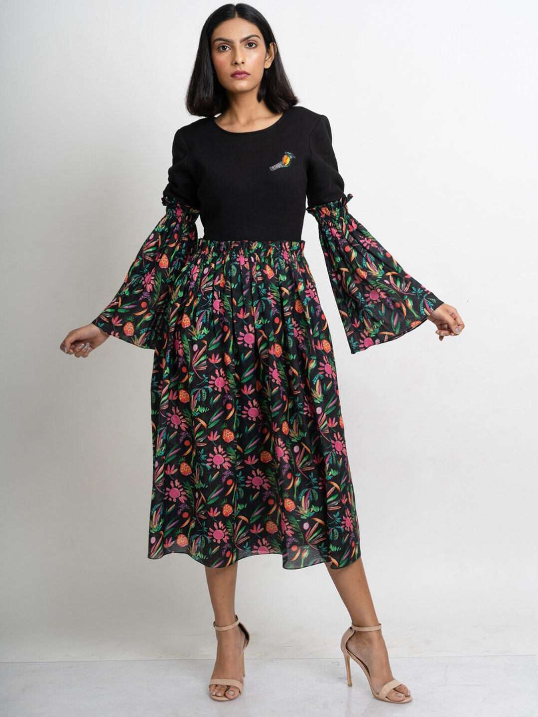 

Hencemade Black & Pink Floral Midi Dress