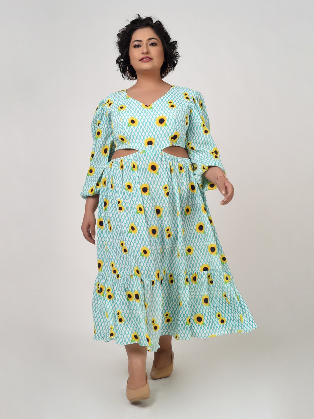 

Hencemade Turquoise Blue & Yellow Floral Crepe Maxi Dress