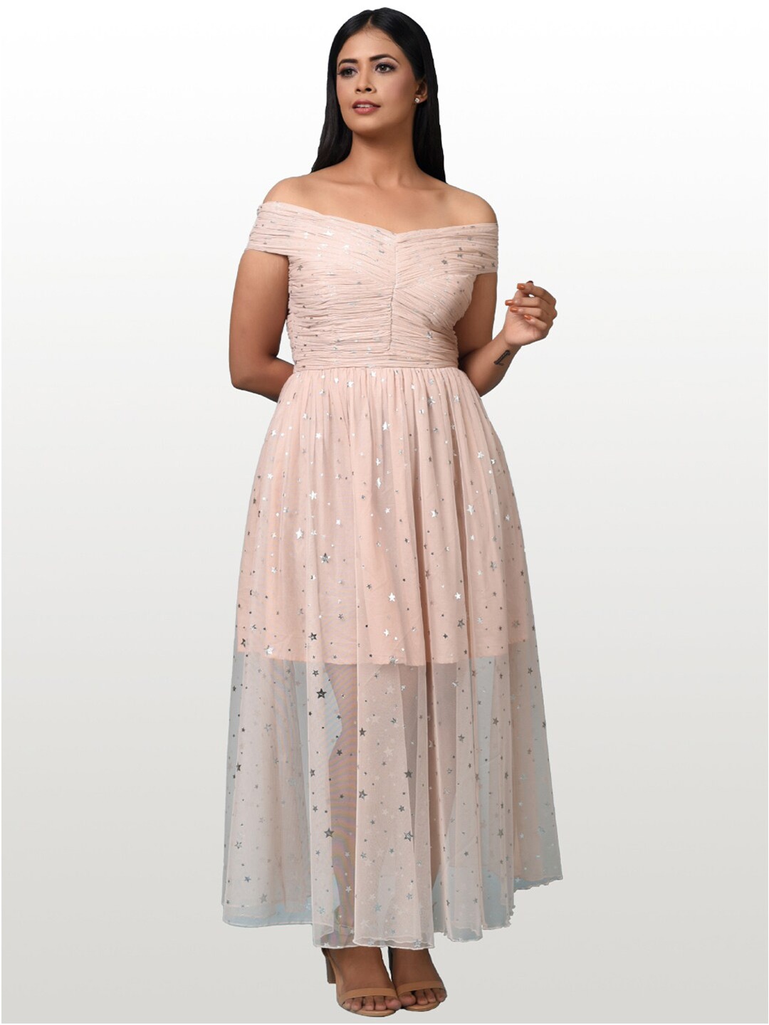 

Hencemade Peach-Coloured Off-Shoulder Maxi Dress
