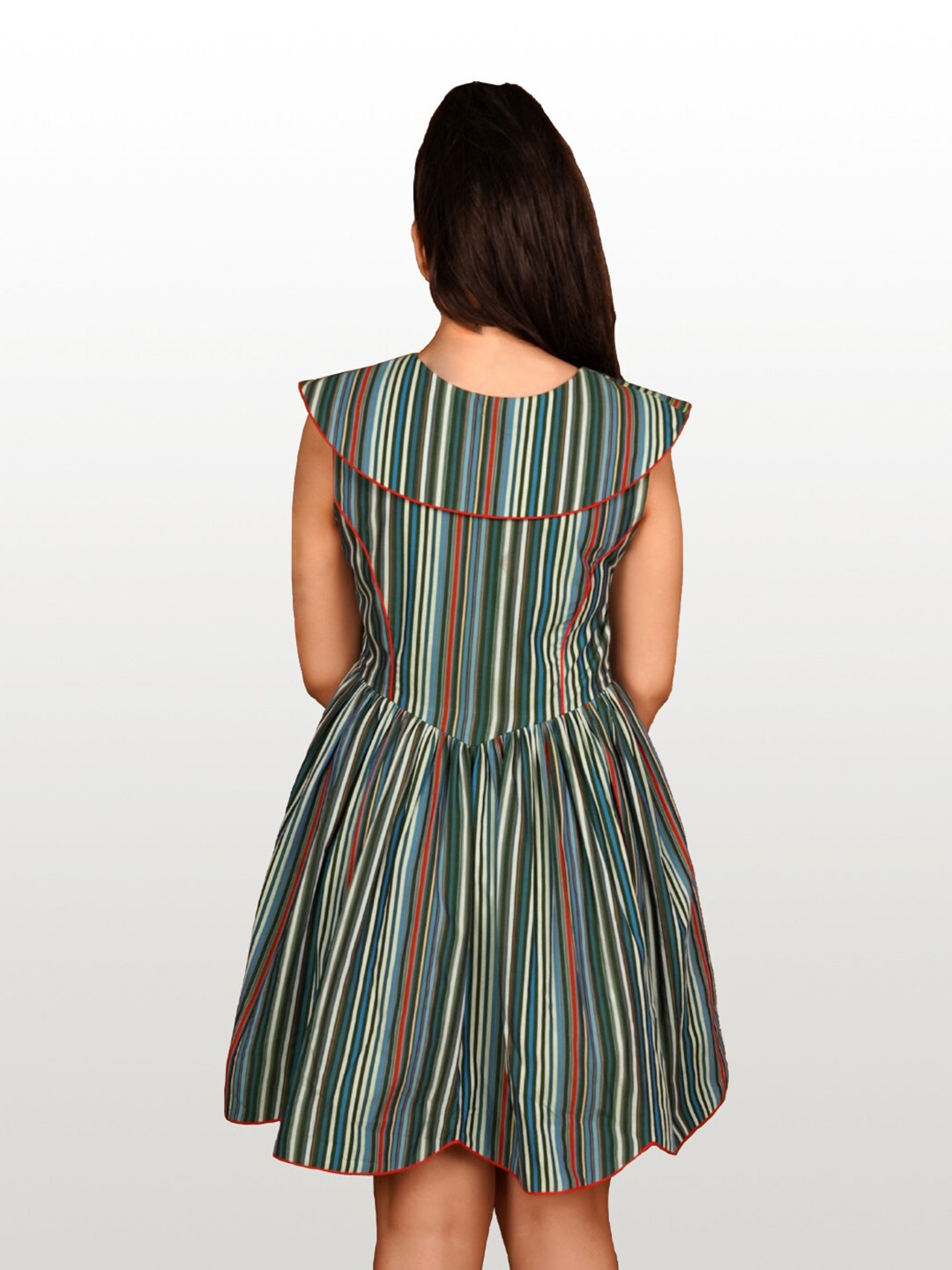 

Hencemade Green & Blue Striped Fit and Flare Dress