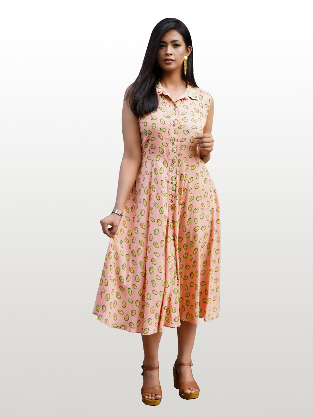 

Hencemade Peach-Coloured & Green Printed Midi Dress