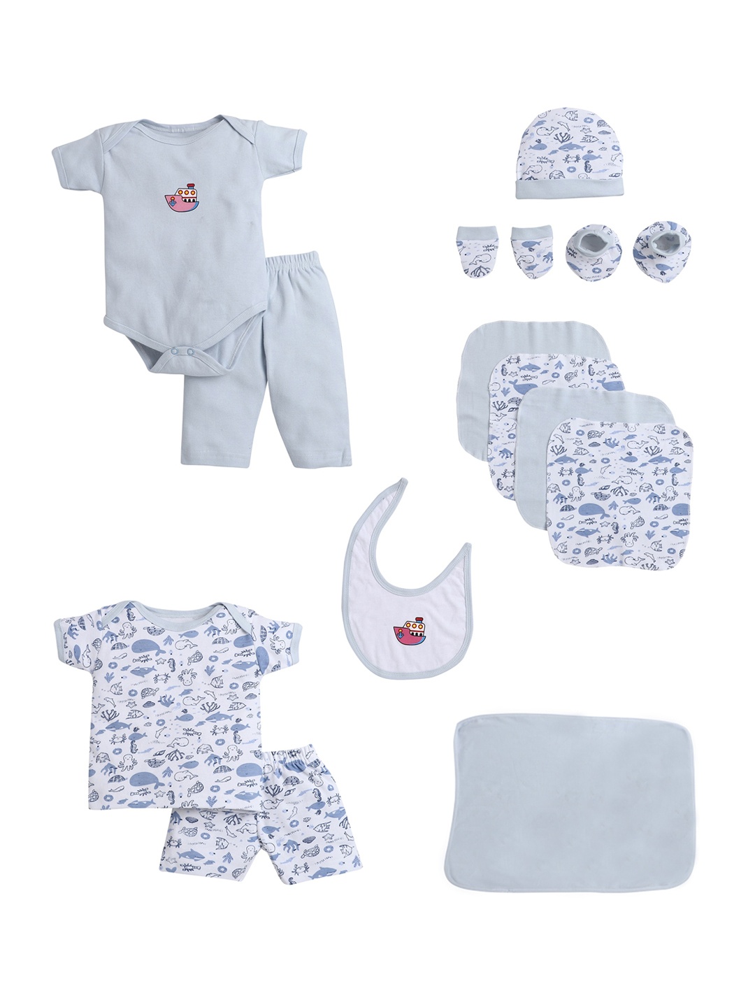 BUMZEE Infants Boys Pack Of 13 Printed Pure Cotton Baby Apparel Gift Set, Blue