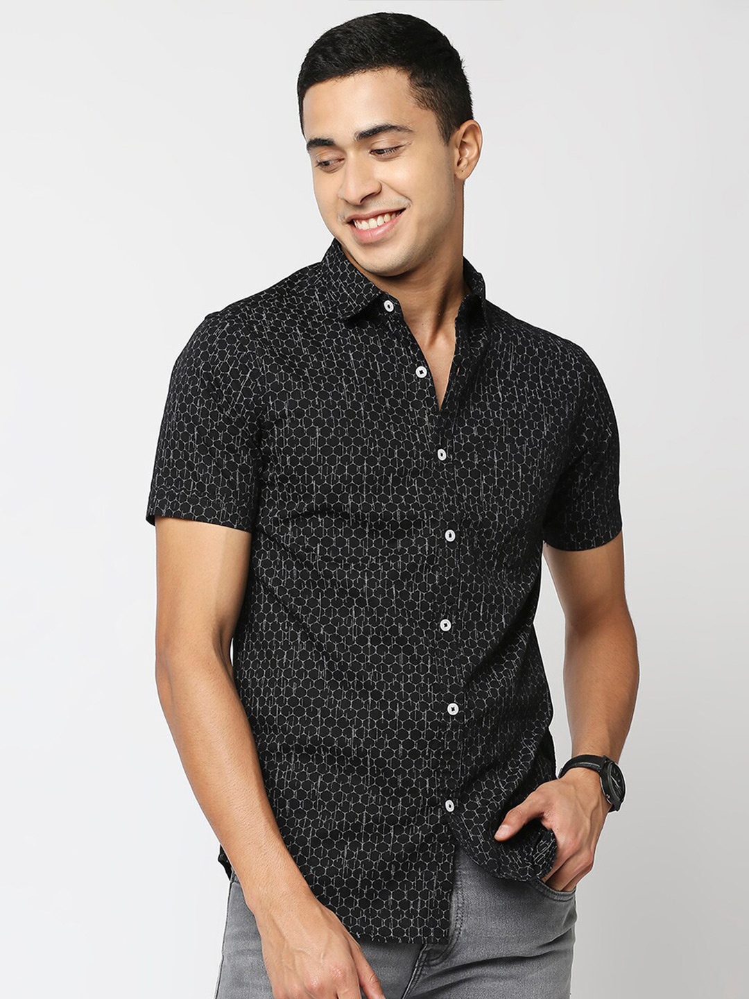 

VALEN CLUB Men Black Slim Fit Printed Pure Cotton Casual Shirt