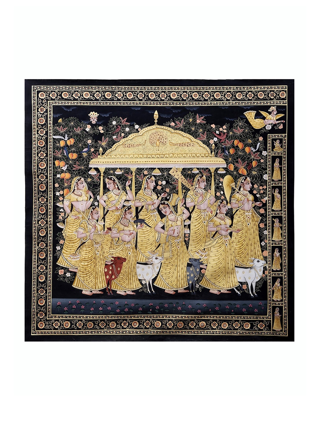 

Exotic India Vrikshachari Pichwai : Gopis Waiting for Krishna Watercolor Paint on Cotton, Beige