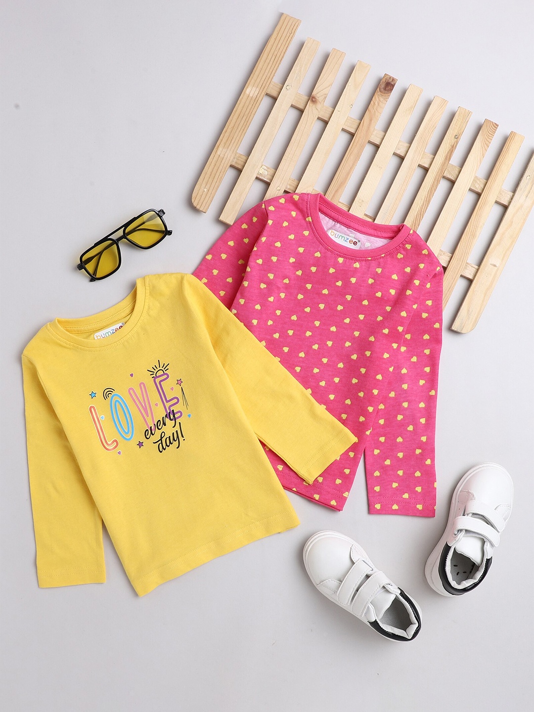 

BUMZEE Girls Pink & Yellow Pack Of 2 Printed T-shirt