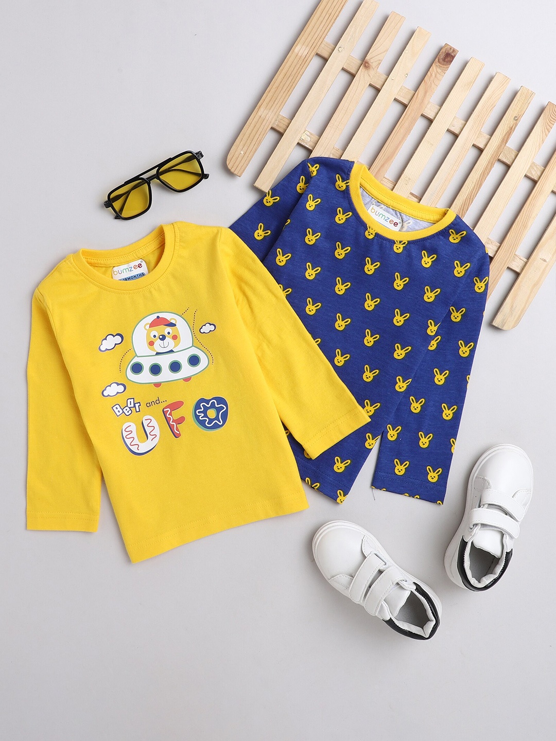 

BUMZEE Boys Navy Blue & Yellow Pack Of 2 Printed T-shirt