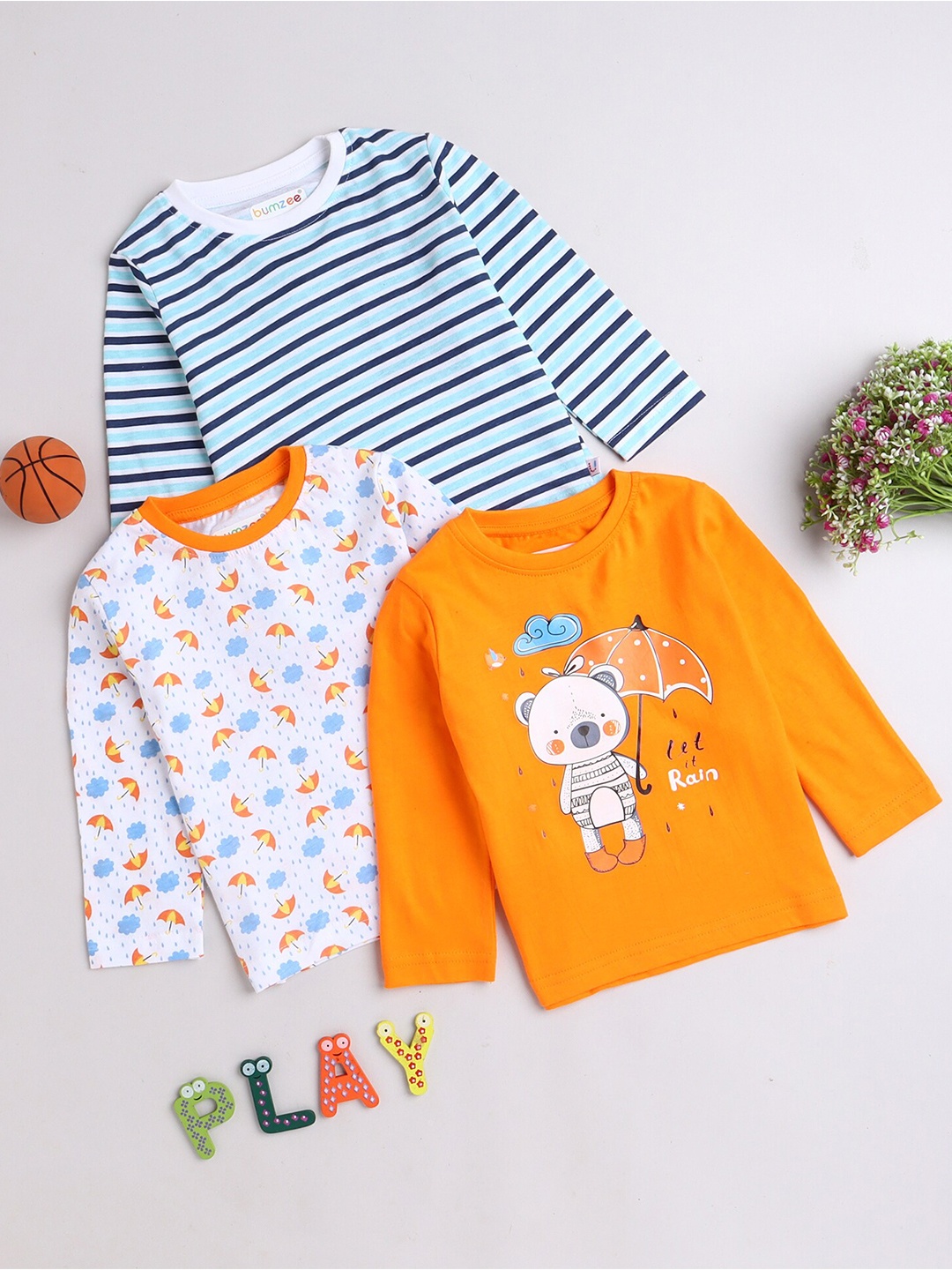 

BUMZEE Boys Orange & White Pack Of 3 Printed T-shirt