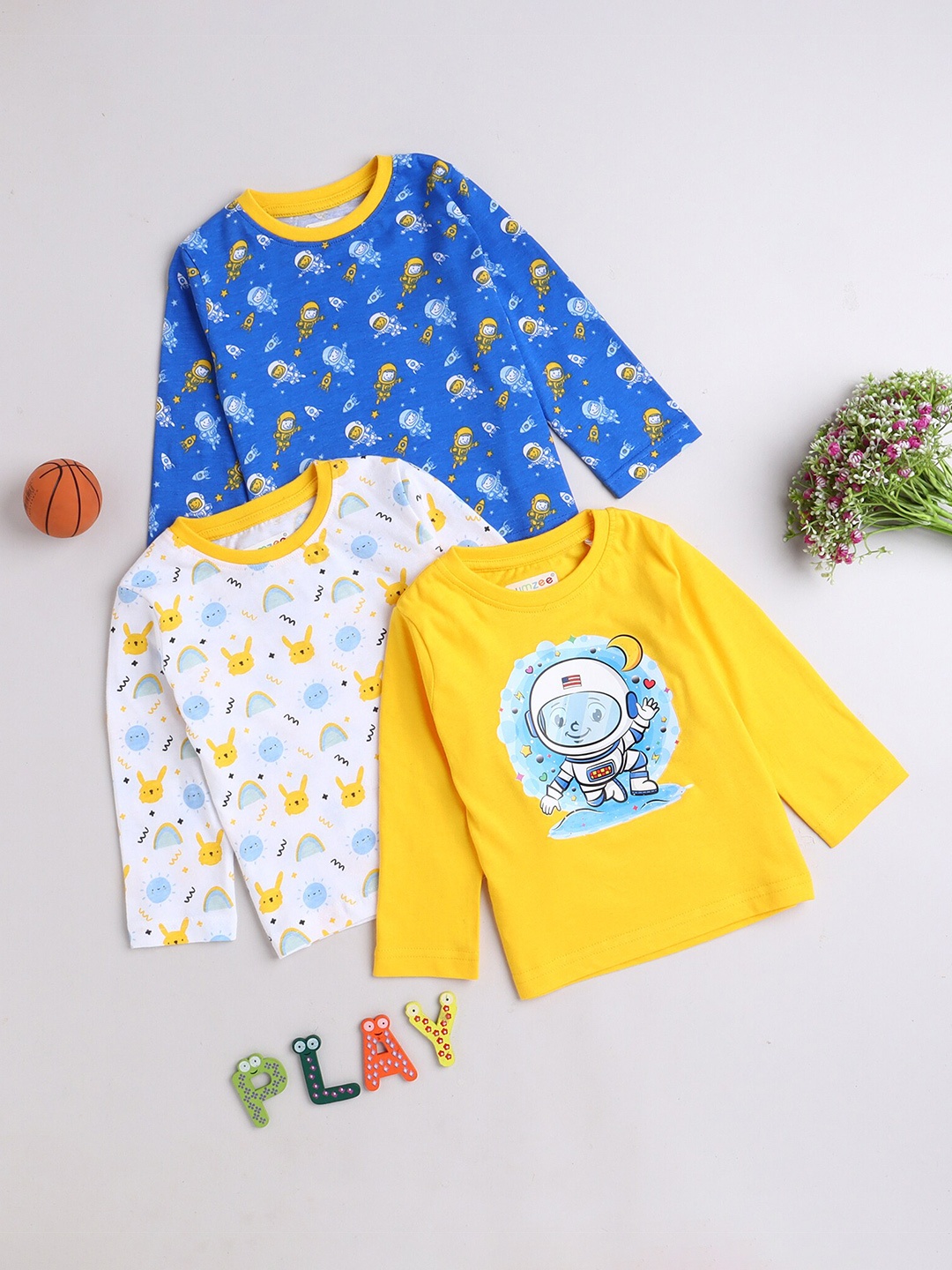 

BUMZEE Boys Yellow & Blue Pack Of 3 Printed T-shirt