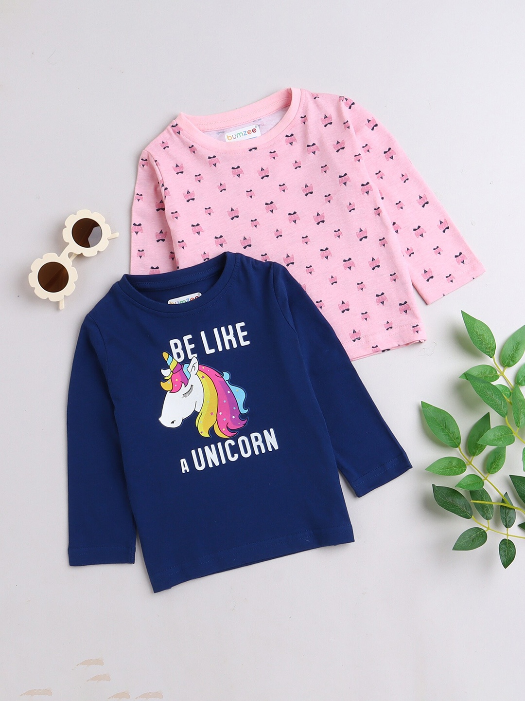 

BUMZEE Girls Set Of 2 Pink & Blue Printed T-shirt
