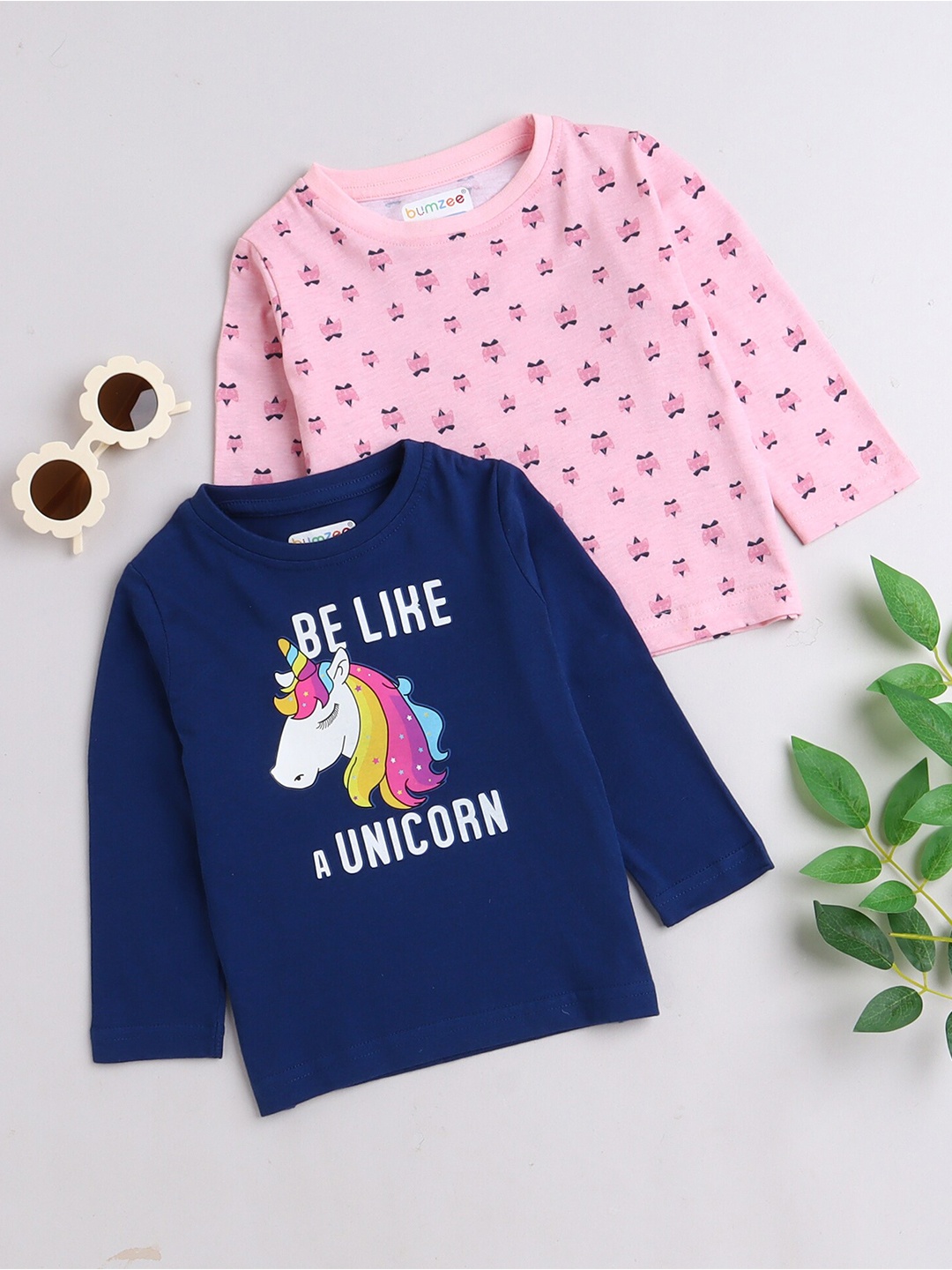 

BUMZEE Girls Set Of 2 Pink & Blue Printed T-shirt