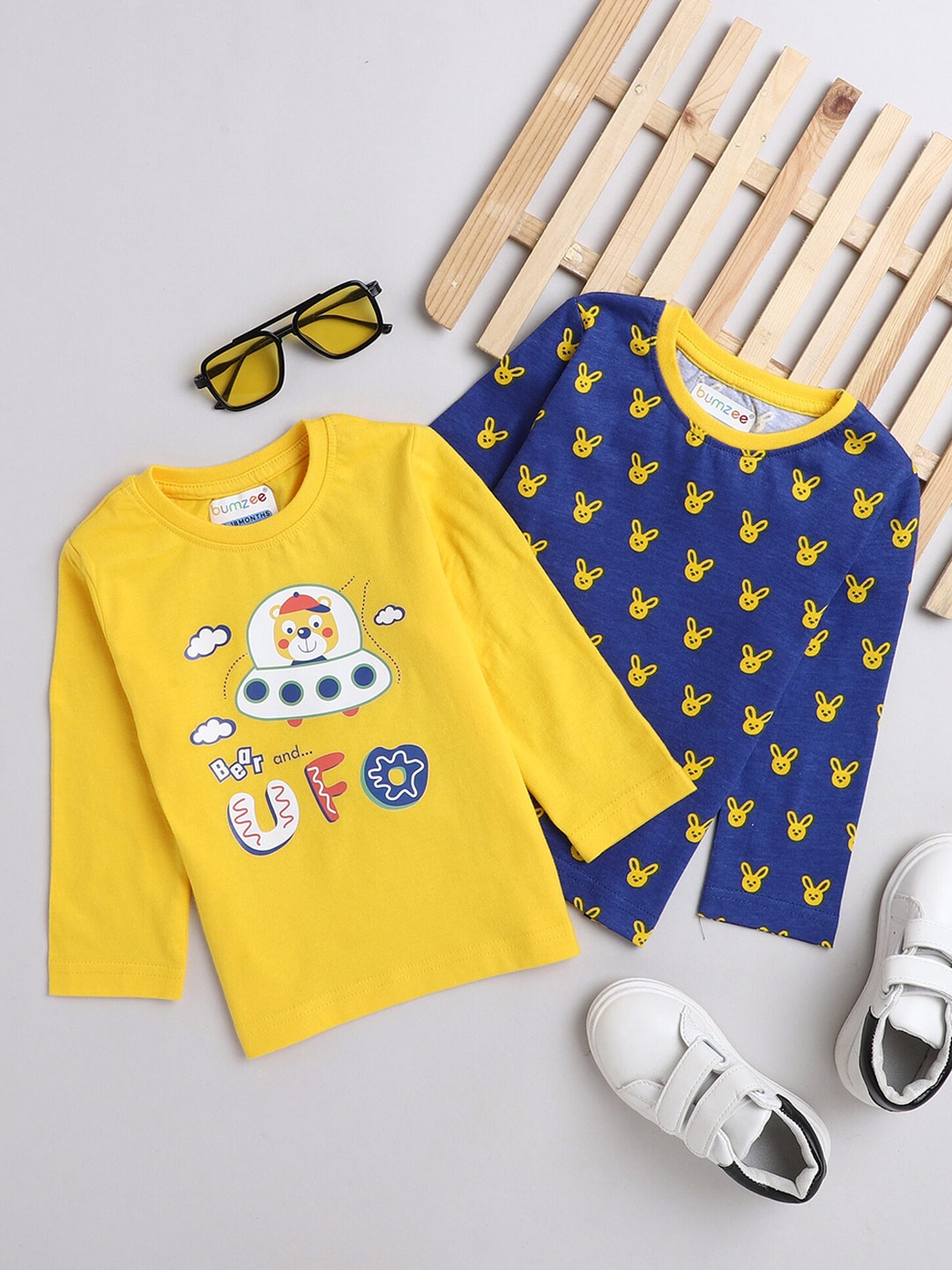 

BUMZEE Boys Set Of 2 Navy Blue & Yellow Printed T-shirt