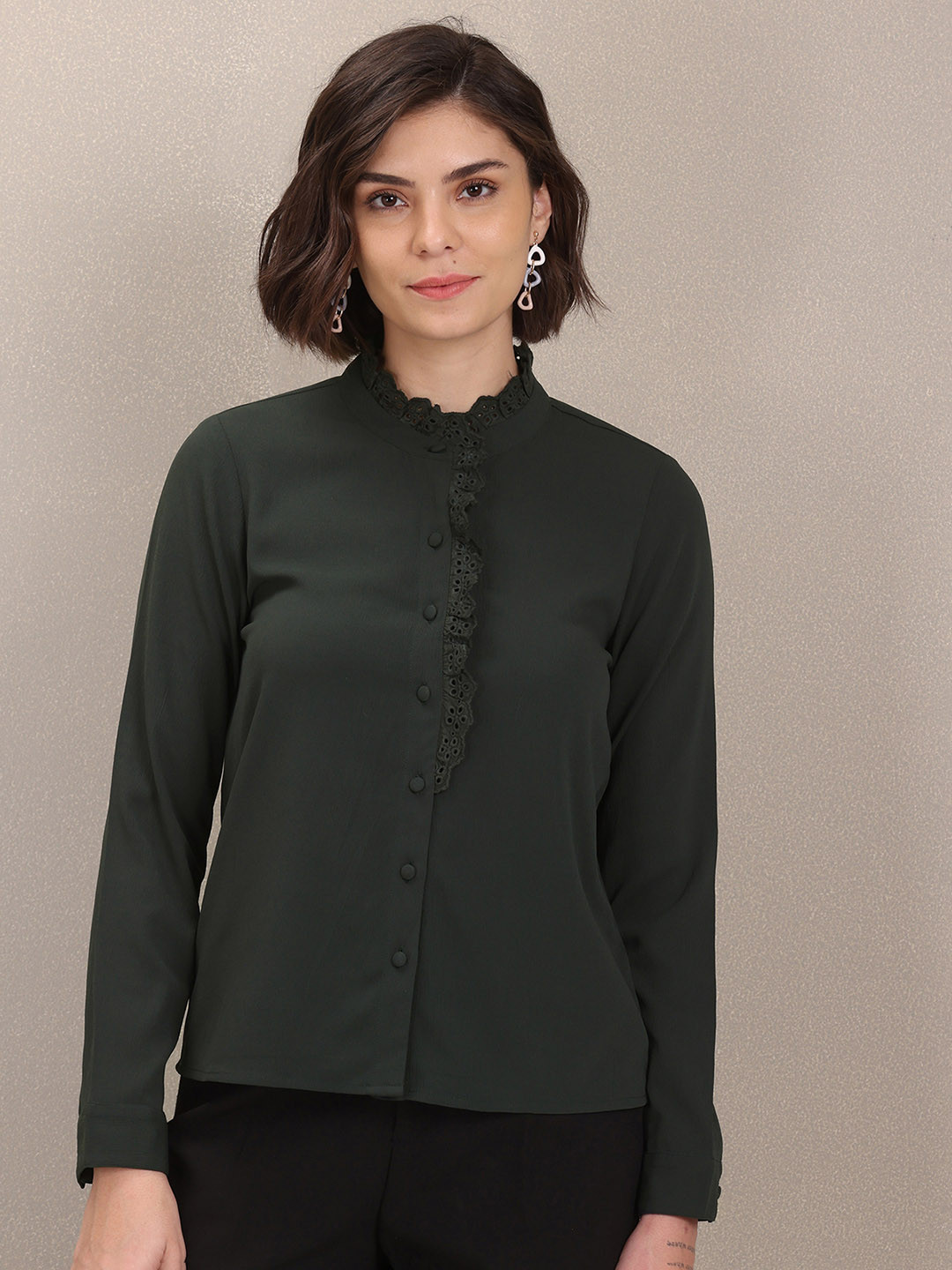 

U S Polo Assn Women Olive Ruffled Collar Long Sleeve Solid Top