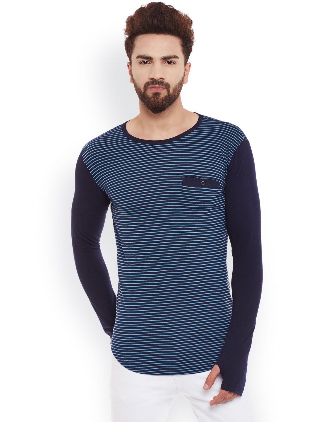 

Hypernation Men Blue Striped Round Neck T-shirt