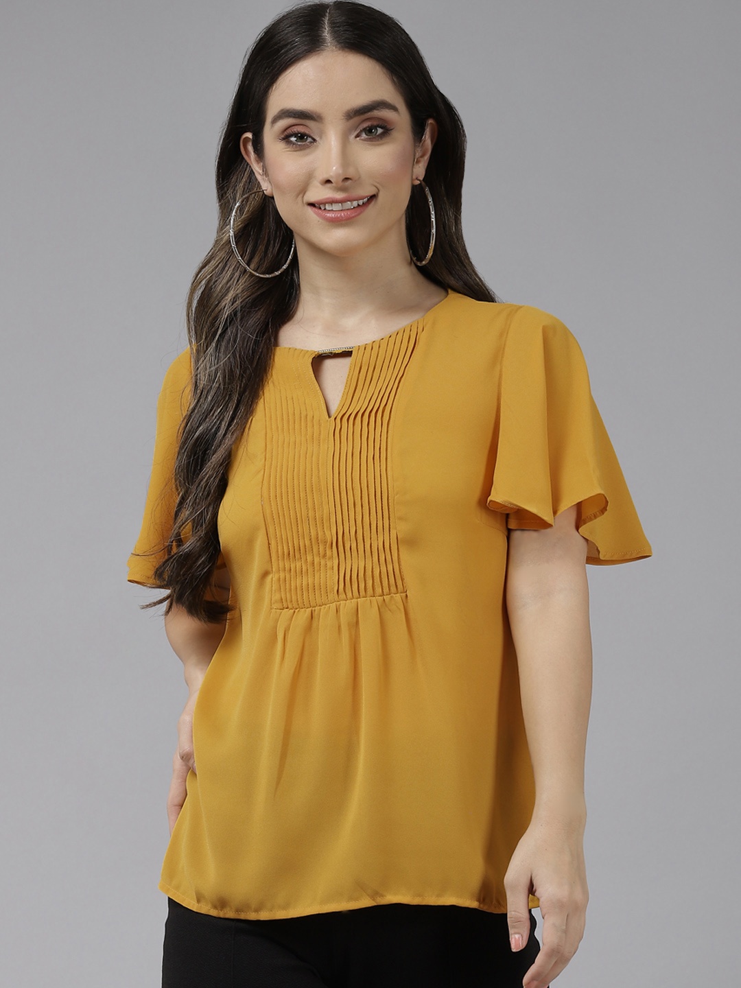 

Aarika Mustard Yellow Keyhole Neck Flared Sleeve Top