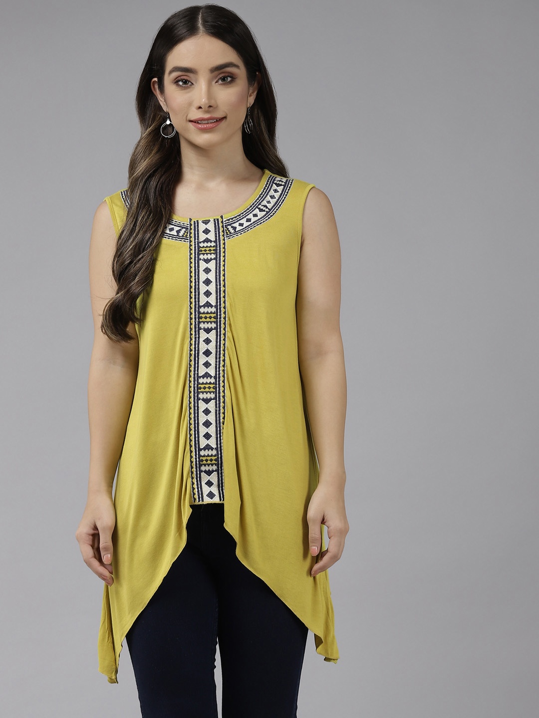 

Aarika Lime Green Embroidered Detail Longline Top